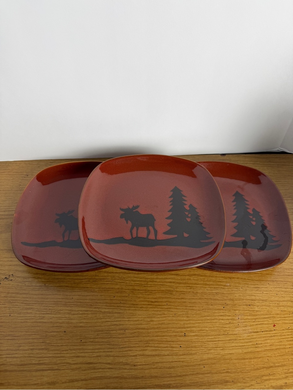 Set of 3 Rustic Cabin style Moose & Pine Tree 8” Salad Plates Reddish Brown